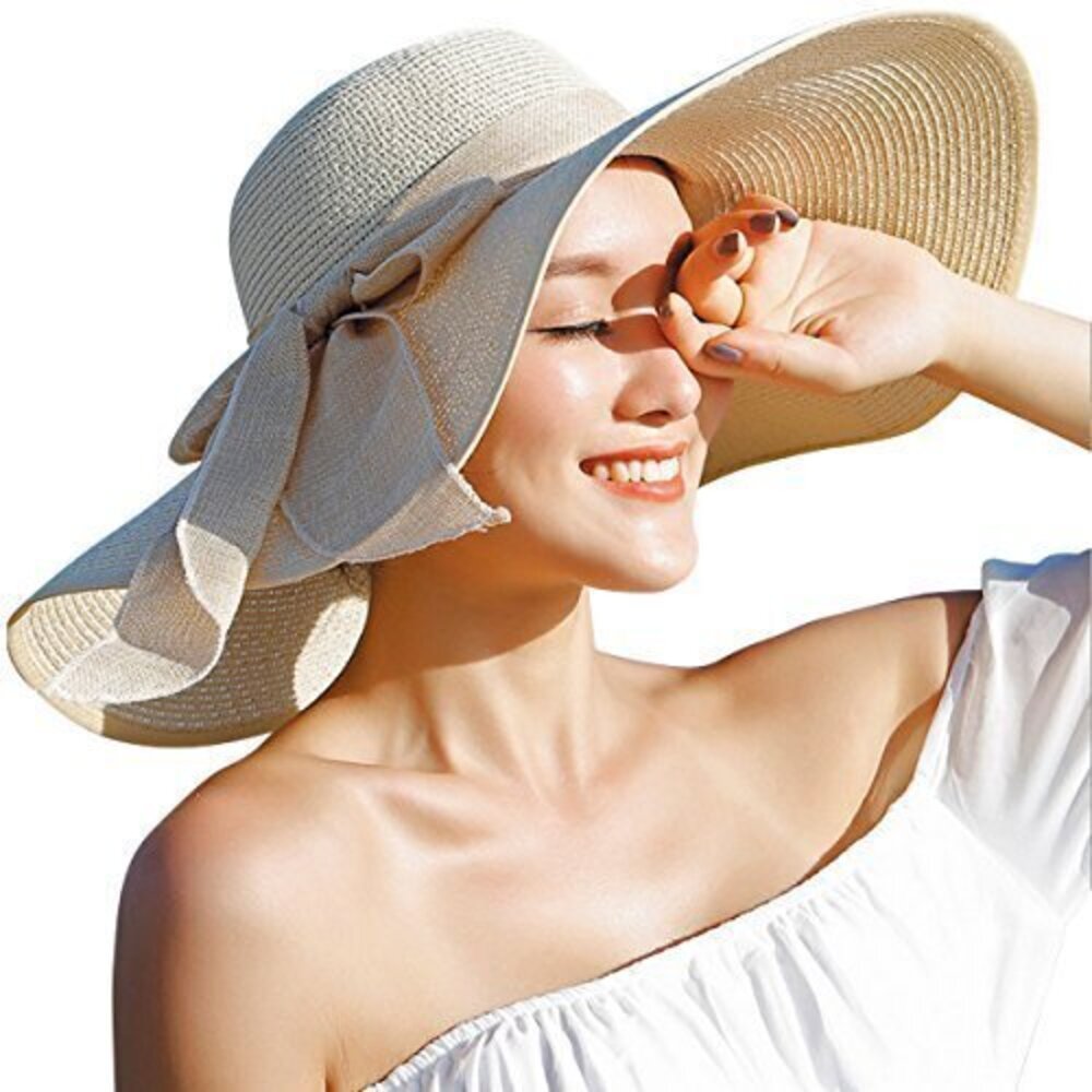 7577 Big Bowknot Straw Hat Floppy Foldable Roll up Beach Cap Sun Hat UPF